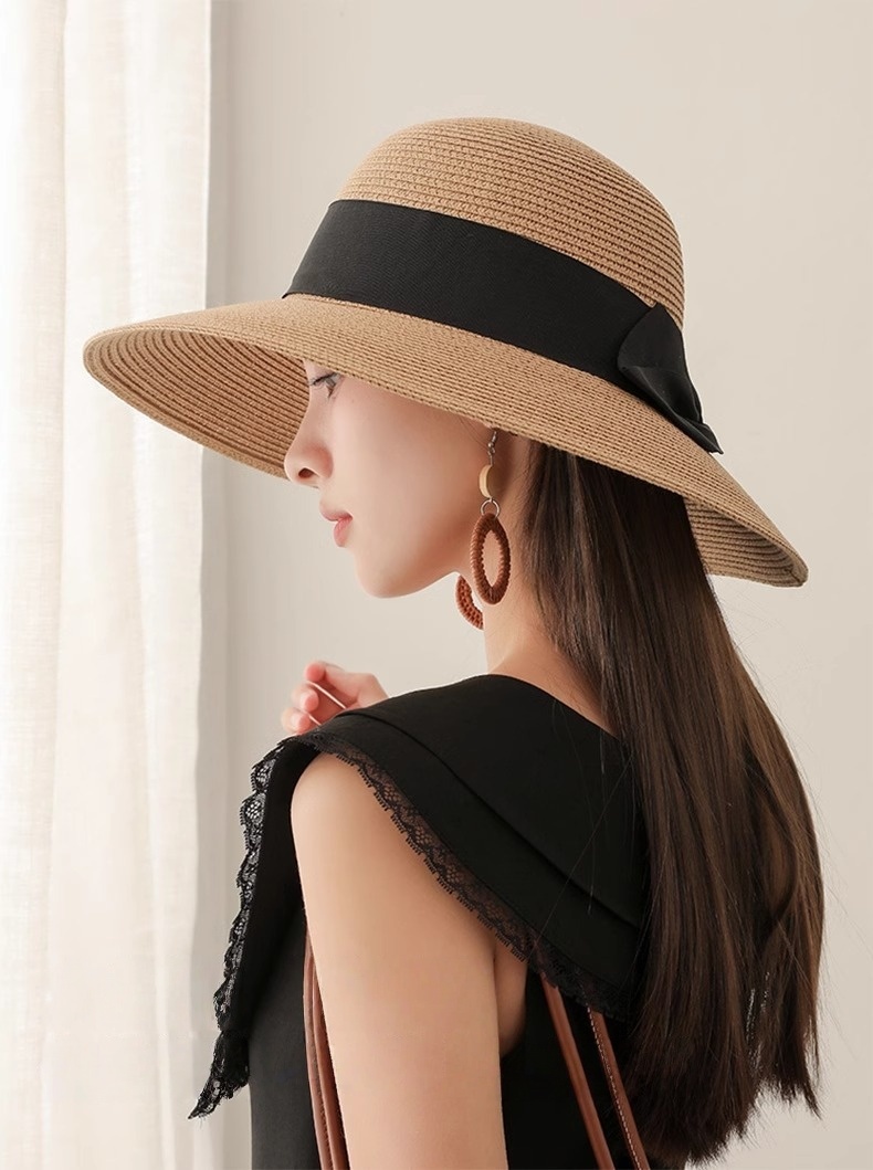 2025New Straw Sun Hat Wide Brim Beach Hat with Black Bow